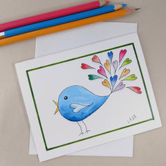 Bird With Color Heart Tail - Blank Card