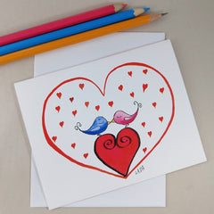 Whimsical Birds Kissing in Red Heart - Blank Note Card