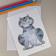 Whimsical Gray Cat - Blank Note Card