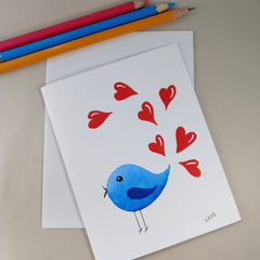 Whimsical Blue Bird With Heart Tail - Blank Note Card