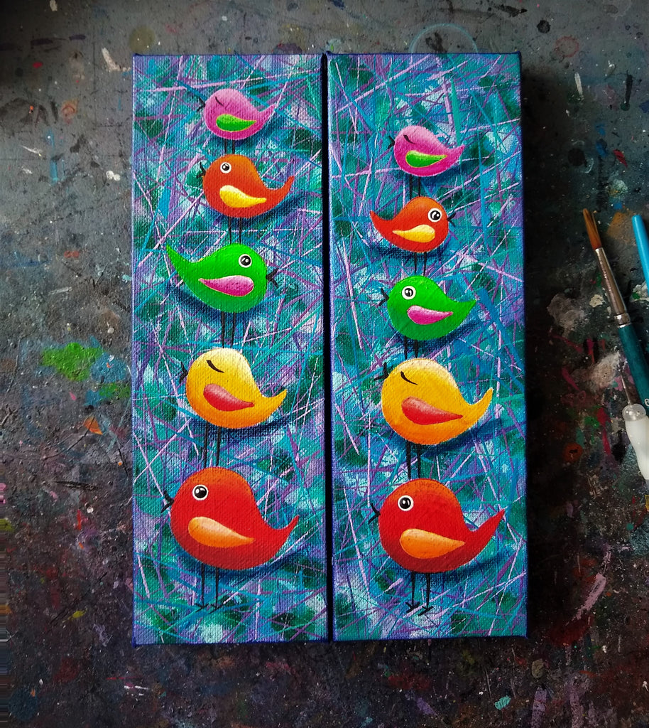 Colorful Stacked Birds - Vertical Painting